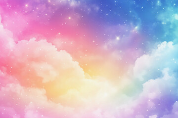 colorful sky with clouds and stars. The sky is a mix of blue, pink, and purple. The stars are scattered throughout the sky, and the clouds are fluffy and light