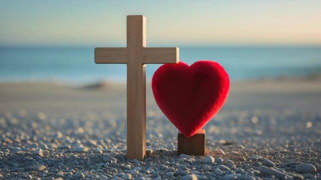 Red heart and wooden cross on gravel, lit by light with beach and sea in the background.