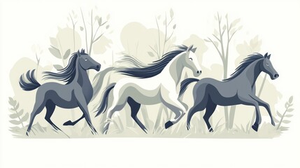 Three horses running through a light forest