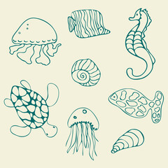 Sea World Life doodle line set. Hand drawn childlike graphic, ink brush contour stroke isolated elements. Cartoon sketch style design, outline cute illustration, white background. Vector