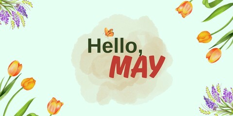 Trendy Lettering Hello May Greeting Card Illustration Vector. Cute Spring Postcard Banner. Spring Concept, Spring Wallpaper, Quote, Pattern, Icon, Poster
