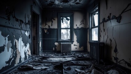 House's interior post-fire, scorched room