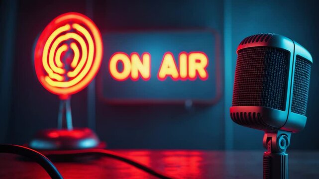 Backdrop showcasing a professional microphone and an sign.