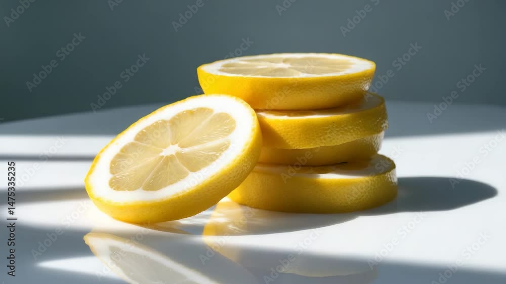 Aufkleber lemon citrus fruit slices isolated on a background, with one slice creating a shadow.