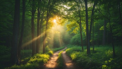 Obraz premium Picturesque forest landscape featuring lush leaves, bright sunlight, and a scenic trail in nature's embrace.