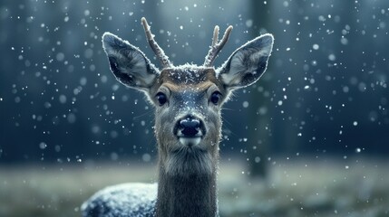 A beautiful deer stands in falling snow during winter time