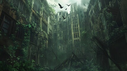 Nature Reclaims the City: A haunting scene of an abandoned city consumed by nature, where vines creep over buildings, birds circle overhead.