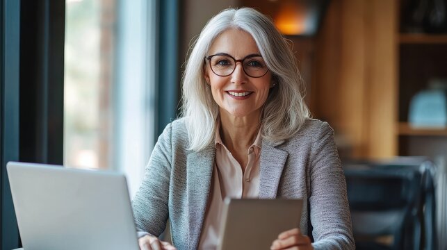 Smiling mature middle aged business woman using laptop working on computer sitting at desk. Happy old businesswoman hr holding cv interviewing distance applicant, senior seeker searching job online. 