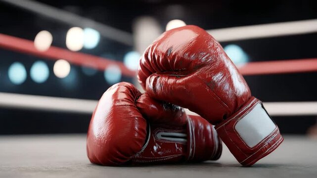 Shiny red leather boxing gloves resting on canvas floor of boxing ring under focused arena lighting, with defocused ropes and gym setting in background Concept of combat readiness and professional