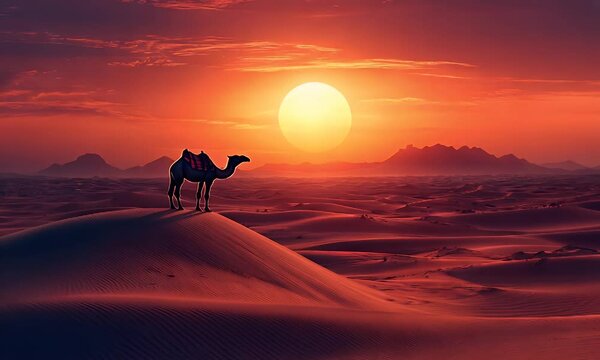 Camel silhouette at sunset in a vast desert landscape with rolling sand dunes and distant mountains.
