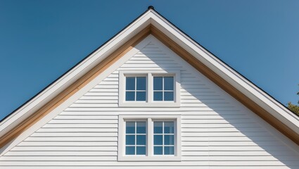 White wood detailing along roof and window areas with vinyl siding, triangle gable, fascia, and attic window frame design