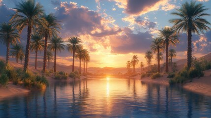 Fototapeta premium Serene desert oasis at sunset. Palm trees line a calm river reflecting the golden light of the setting sun. Sandy desert banks