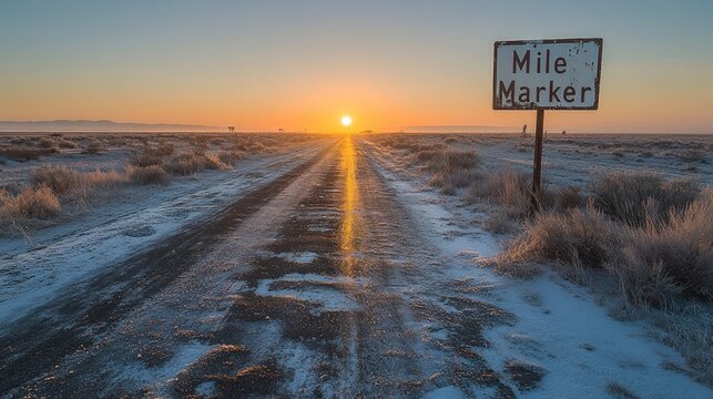 Sunrise on a snowy country road. A mile marker stands sentinel