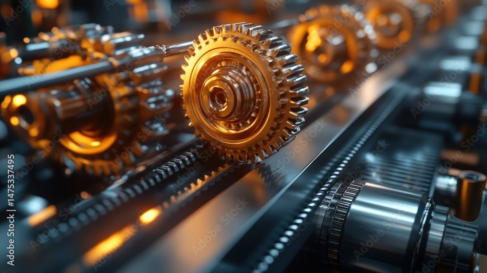 Poster close-up of intricate gears and machinery, showcasing complex engineering. interlocking metal gears,