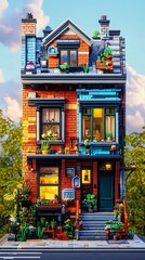 Fototapeta premium Detailed building facade featuring brick and greenery elements