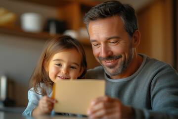 Lecture d’une carte émotive par un père dans une ambiance familiale chaleureuse