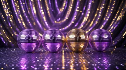 Purple and gold lighting in a disco background with disco balls - Powered by Adobe