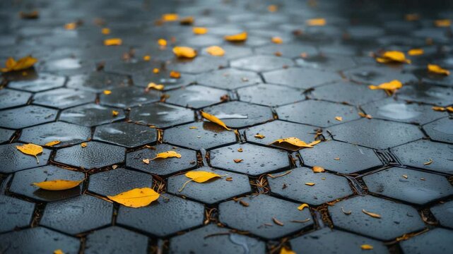 Wet road blanketed with fallen foliage