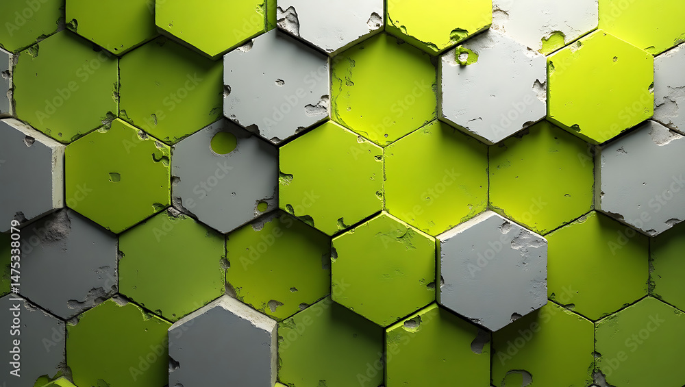 Aufkleber abstract geometric pattern of bright green and grey hexagonal tiles with aged distressed texture