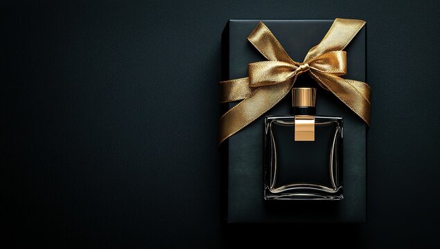 Elegant Gift: A bottle of parfum rests atop a sleek black gift box adorned with a golden ribbon, set against a luxurious dark background.