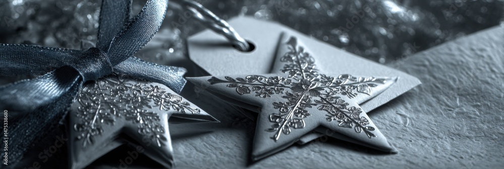 Aufkleber Decorative Stars With Metallic Finish and a Tag Featuring a Bow Create a Charming Display in Soft Light and Shadows
