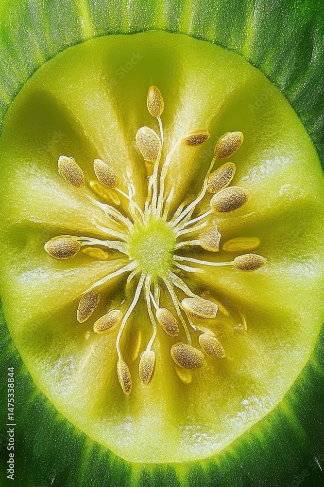 Poster macro shot of a sliced cucamelon showing seeds and interior structure close up detail of a fresh gre