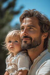 Fototapeta premium Père et enfant profitant d’une promenade au soleil près de la mer, ambiance estivale détendue avec palmiers, sourires complices et lumière naturelle chaleureuse
