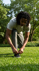 African Man Tying Shoelace in Park Morning Exercise Well-being Health Consciousness Lifestyle Active Urban Green Space Outdoors Sunlight Fitness Routine