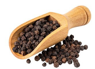 Wooden Scoop Filled with Black Peppercorns, PNG Isolated