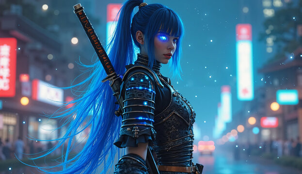 Futuristic Samurai Girl in Glowing Armor - Neon Blue Hair & Katana at Night - Ultra-Detailed 8K CG Render

