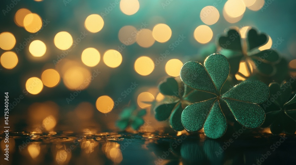 Poster glimmering shamrocks with bokeh lights for st. patrick's day