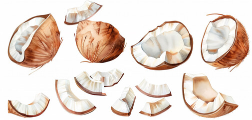 set of dried coconut isolated on white background. top view