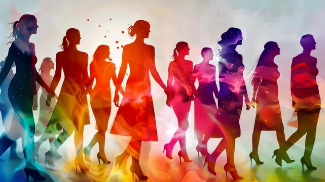 A Colorful Symphony of Women Walking Together, Embracing Sisterhood and Unity in a Vibrant, Artistic Representation