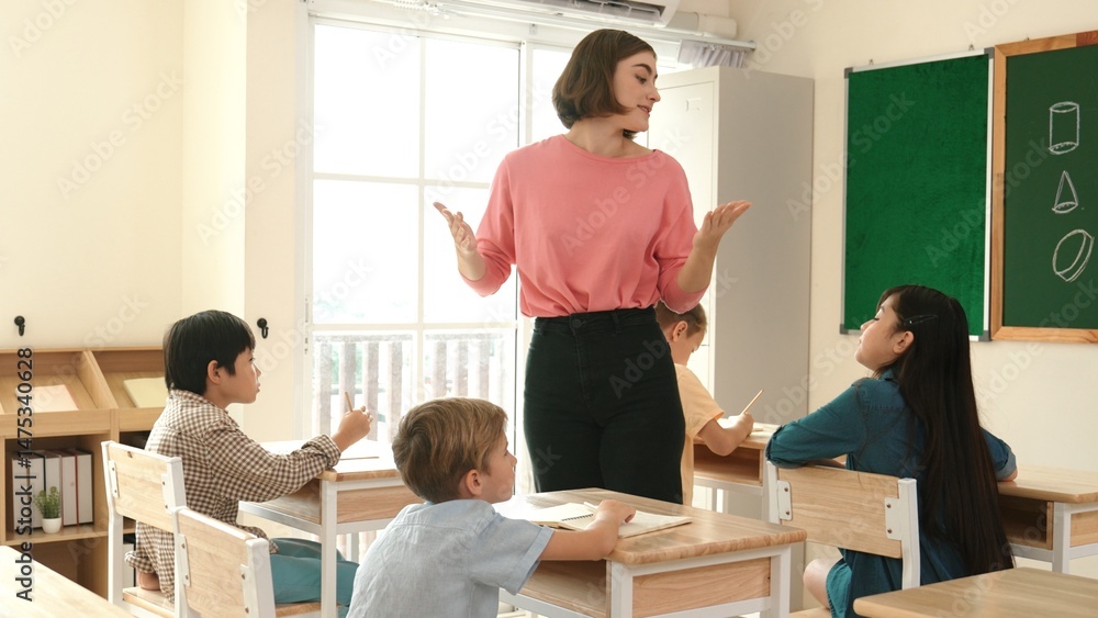 Poster caucasian teacher teaching and explaining theory to multicultural student by using body gesture whil