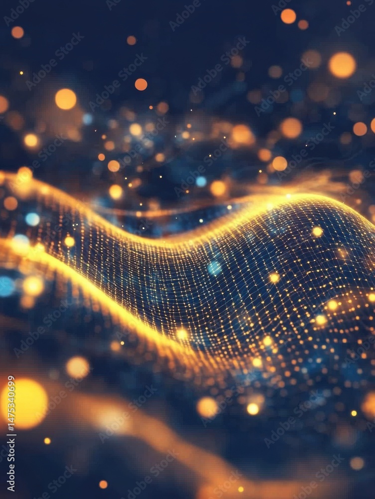 Poster abstract digital landscape with glowing particles and grid network floating in dark blue space futur