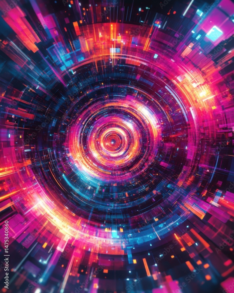 Poster abstract circular tunnel of vibrant light streaks and geometric shapes in a dynamic perspective with