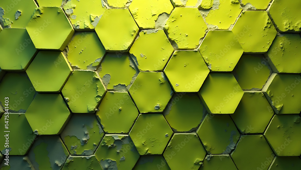 Poster close up view of textured green hexagonal tiles with peeling paint wall pattern
