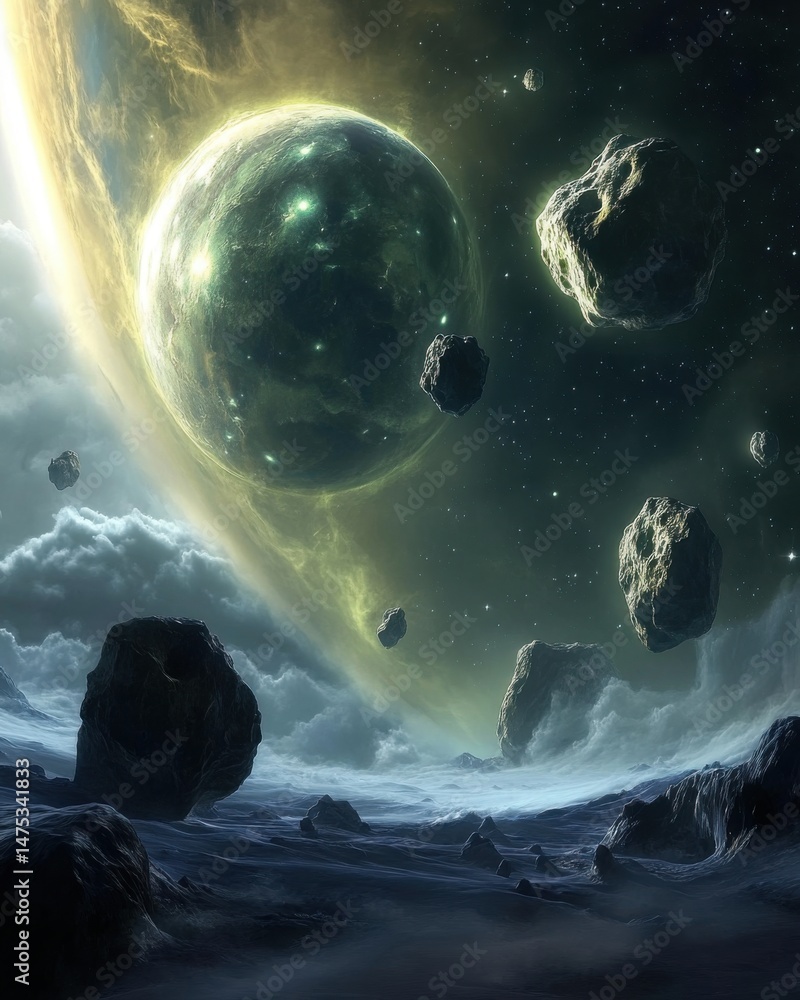 Poster alien planet landscape with asteroids and glowing planet in the background digital art science ficti