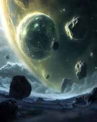 Alien planet landscape with asteroids and glowing planet in the background digital art science fiction fantasy world
