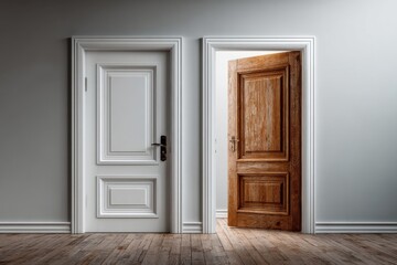 Fototapeta premium Open and closed white doors on wooden floor in minimalist interior design