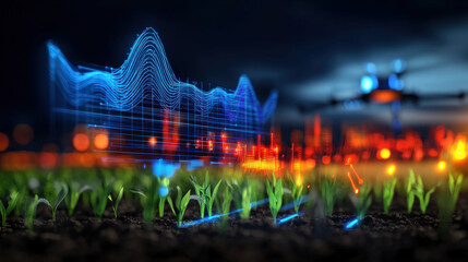 Drone technology enhancing agriculture data visualization in precision farming modern fields digital art nighttime innovation