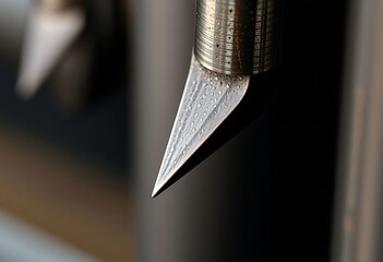 close up of a metal object with a pen stuck in it