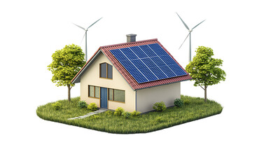 Obraz premium Isometric view of a small house with solar panels on the roof, surrounded by grass and trees. In the background