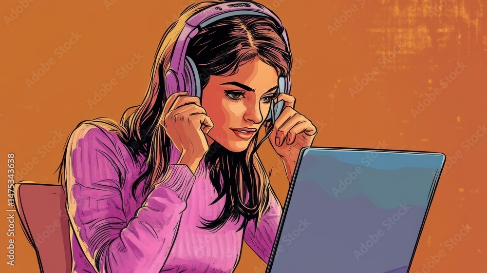 Poster happy young woman working on laptop while talking to customer on phone. consulting corporate client 