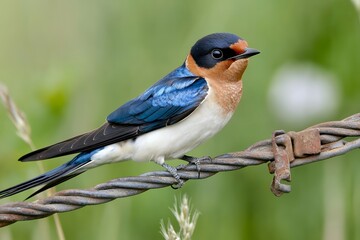 Colorful swallow perched on rusty wire in natural setting