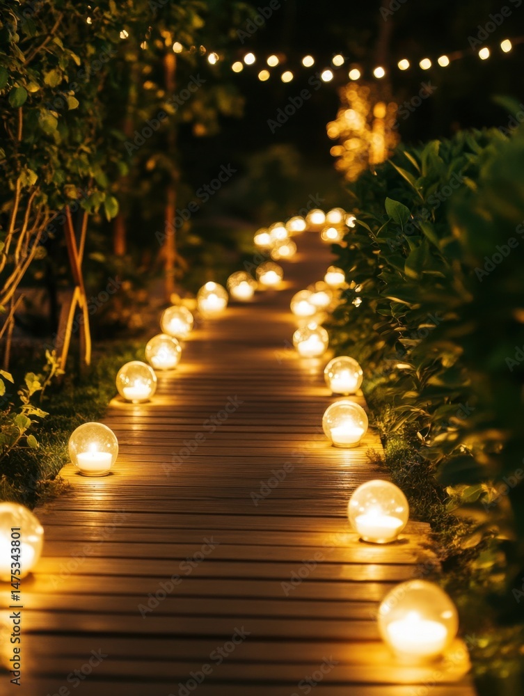 Poster illuminated pathway at night with glowing candles in glass orbs and string lights overhead in a gard