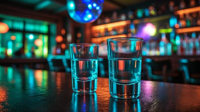 Tequila in shot glasses arranged on the table. Selective Focus
