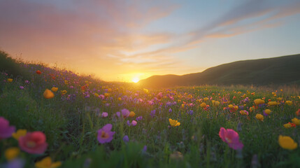 Fototapeta premium Vibrant sunset over a tulip field with golden hour lighting casting a warm glow over colorful spring flowers in a picturesque natural setting