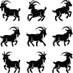 Goat Silhouette Set | Farm Animal Vector Graphics Goat Silhouettes Collection | Livestock, Nature, and Agriculture Icons
