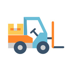Stylized forklift truck illustration carrying box isolated on White